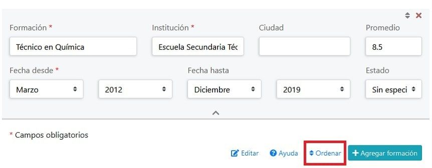 Botón para ordenar de forma cronológica el CV con CurriculumYa