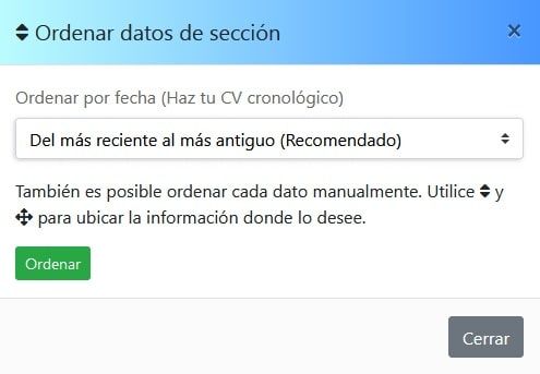 Elegir forma de ordenar datos cronológicamente en el CV con CurriculumYa